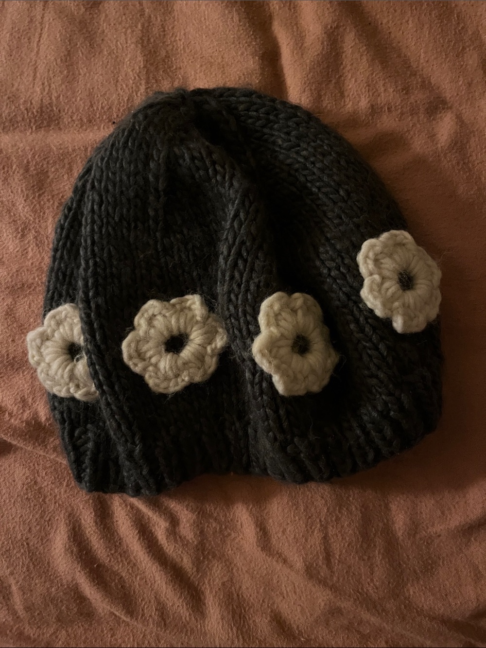Kling Charcoal Knit Beanie with Cream Flower Appliqués